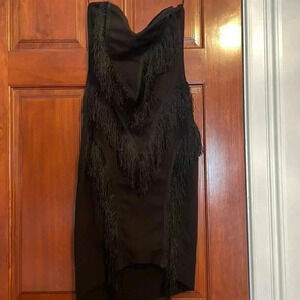 Black fringe detail strapless mini dress NWOT